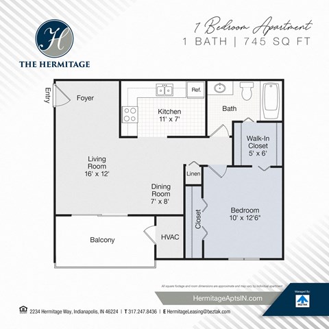 Floor plan for 1 bed, 1 bath, 745 sqft
